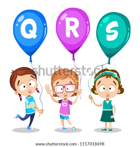 Vector illustration of kids holding balloons with letters "q,r,s" on them. Happy children on white background. Compose your text from letters and numbers. Children alphabet font
