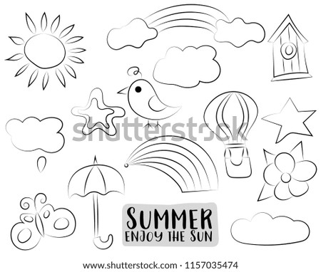 Summer season concept icons. Black and white outline coloring page kids game. Vector illustration.