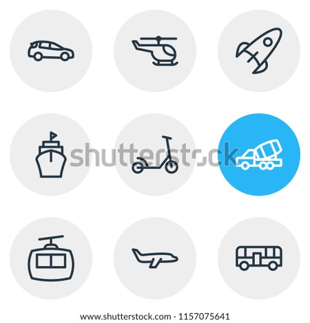 Vector illustration of 9 transit icons line style. Editable set of ship, rocket, cabin and other icon elements.
