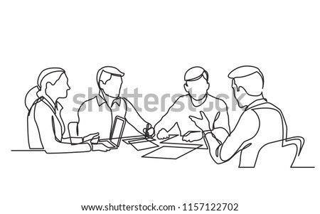 continuous line drawing of office workers at business meeting Royalty-Free Stock Photo #1157122702