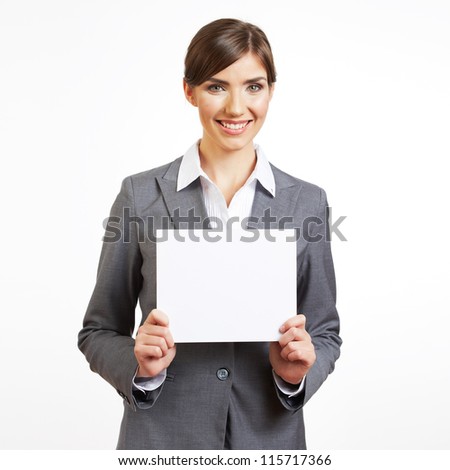 Portrait of smiling  business woman show blank paper, isolated on white background