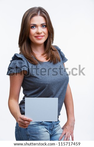 Teenager girl hold white blank paper. Young smiling woman show blank board.