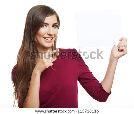 Teenager girl hold white blank paper. Young smiling woman show blank board.