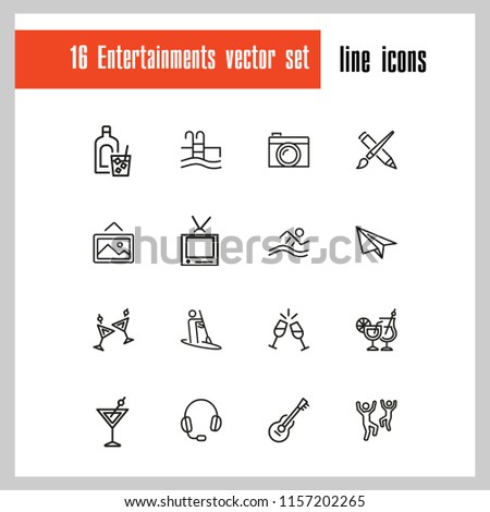 Entertainments icons. Set of line icons. Painting, kayaking, dancing. Leisure concept. Vector illustration can be used for topics like pastime, hobby