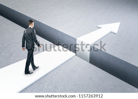 Businessman overcoming gap with financial arrow. Challenge and growth concept. 3D Rendering 