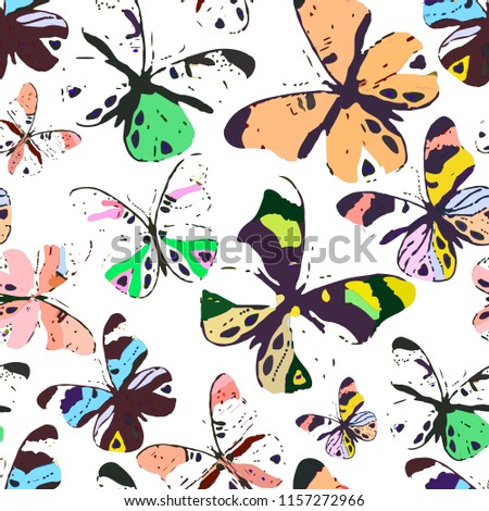 Butterflies seamless pattern. Grunge natural texture. 