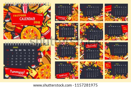 Fast food calendar with fastfood restaurant burger snack and drink. Monthly calendar template with hamburger, pizza and fries, hot dog, soda and donut, ice cream and cake frame border