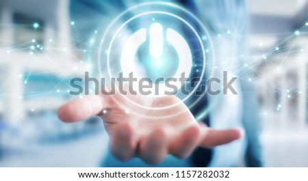 Businessman on blurred background using 3D render power button with connections