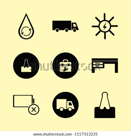 supply vector icons set. with desk, hydraulic energy, toolbox and paper clip in set