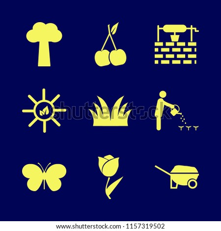 garden vector icons set. with butterfly, wheelbarrow, tulip and sun leaves in set