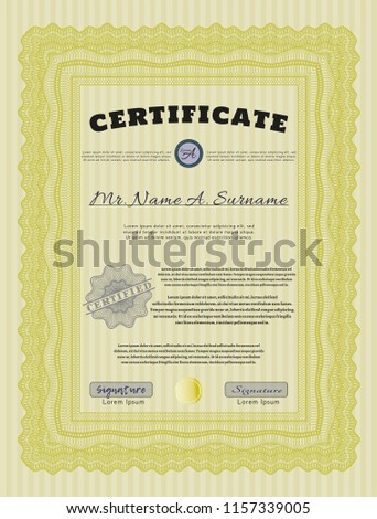 Yellow Certificate. With complex linear background. Money design. Vector illustration. 