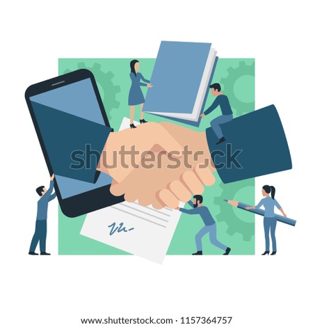 Group of people with big phone, handshake, contract and documents - vector illustration