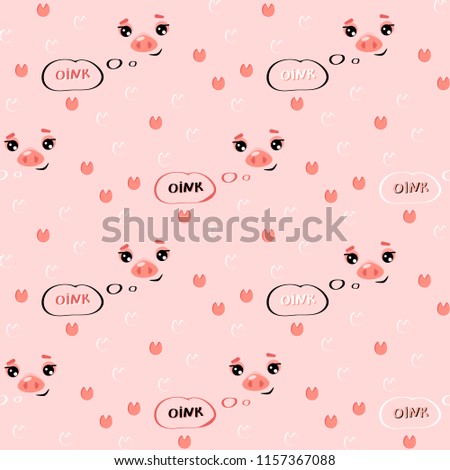 Seamless pattern with cute pigs faces in pink-black-white colours with pink background