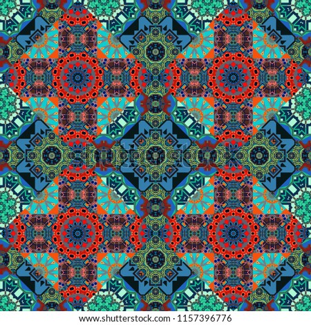 Rich ornament. Sloping seamless colorful ornament for design and backgrounds. Kaleidoscopic orient popular style in blue, black and green colors.