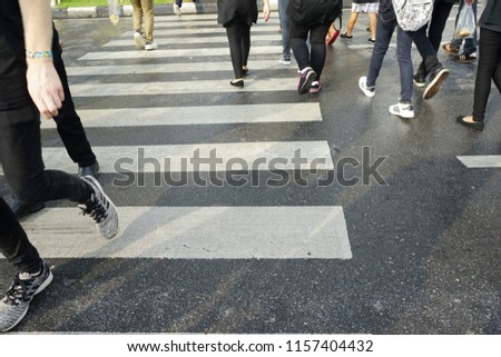  People cross walking on zebra sign city street road.                              