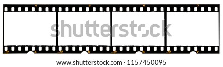 long film strip, blank photo frames, free space for your pictures, real high-res 35mm film strip scan with signs of usage on white background