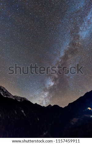 Snow mountain range with milky way in clear night sky  at Yading National Park,  Daocheng, Sichuan, China