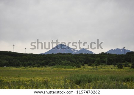 Field in the background of volcanoes