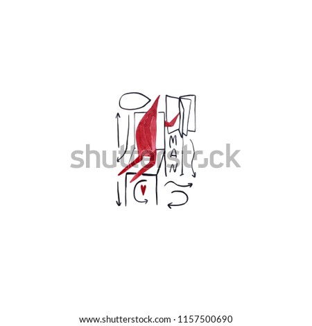 Hand paint watercolor stick figure illustration. Red people. Speech. Man sits on a chair and reads. (Can be used as texture for cards, invitations, DIY projects, web sites or for any other design.)