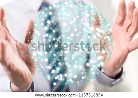 Global connection concept between hands of a man in background