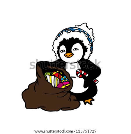 penguin with christmas bag full of presents