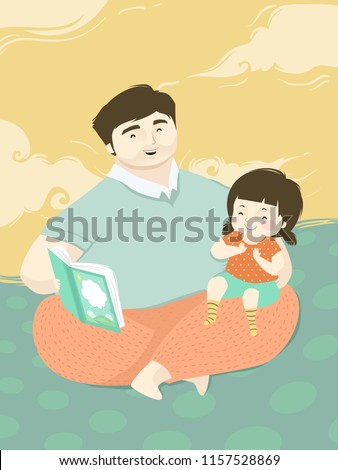 Illustration of a Kid Girl with Her Father Reading Her a Book