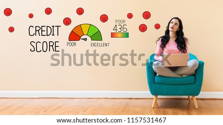 Poor Credit Score with young woman using a laptop computer  Royalty-Free Stock Photo #1157531467