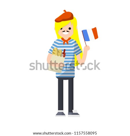 A Frenchman in striped clothes with a beret, a mustache and a French flag.  A typical European.
