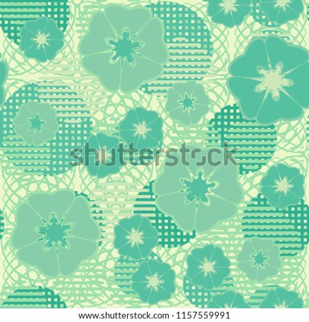 Seamless floral pattern including round elements. There is a background of squares that consist of their arcs.