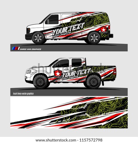 Cargo van decal designs, truck and car wrap vector. Graphic abstract stripe designs for advertisement, race, adventure and livery car