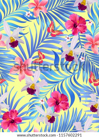 	
Seamless hand drawn exotic vector pattern with green palm leaves and hibiscus flower.
