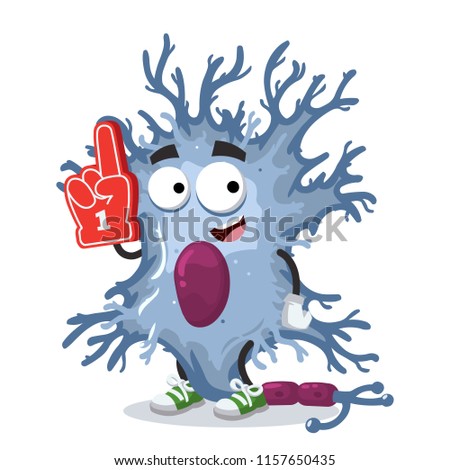 cartoon neuron cell character mascot with the number 1 one sports fan hand glove on a white background