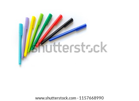 School things school office staff of teenager flat lay pencils pens folders scissors  sharpener on a white background