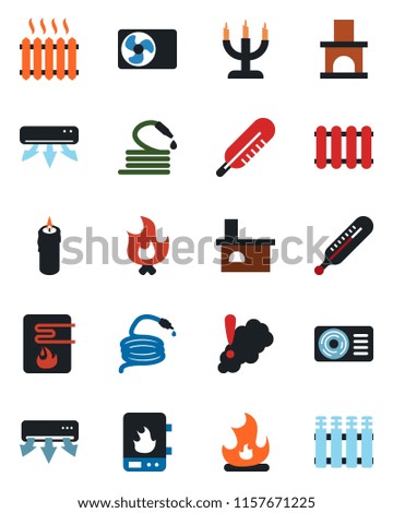 Color and black flat icon set - fire vector, hose, fireplace, thermometer, heater, air conditioner, candle, water, smoke detector, radiator