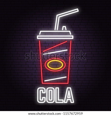 Retro neon cola sign on brick wall background. Design for cafe, hotel,restaurant or motel. Vector. Neon cola design for shop, bar, pub or fast food business. Light sign banner. Glass tube.
