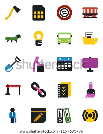 Color and black flat icon set - airport bus vector, barrier, baby room, office binder, bulb, stamp, shovel, axe, caterpillar, railroad, chain, themes, sim, calendar, notes, presentation board