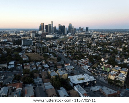 Picture shows a Drone view on LA during sunrise