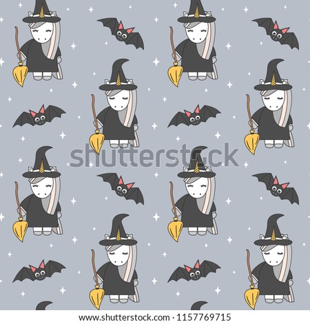 cute cartoon unicorn witch with broom and bats halloween seamless vector pattern background illustration