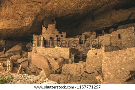 Cliff Palace, the largest cliff dwelling in Mesa Verde National Park outside of Cortez, Colorado USA.  This area was occupied by the Ancestral Puebloans (previously called the Anasazi). Royalty-Free Stock Photo #1157771257