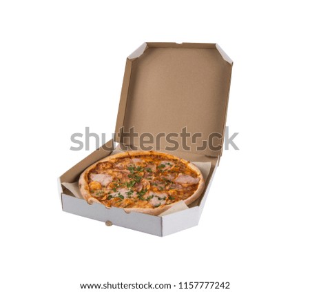 pizza in a box on an isolated white background