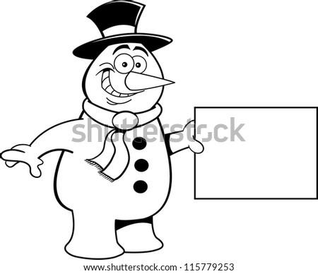Black and white Illustration of a Snowman Holding a Sign