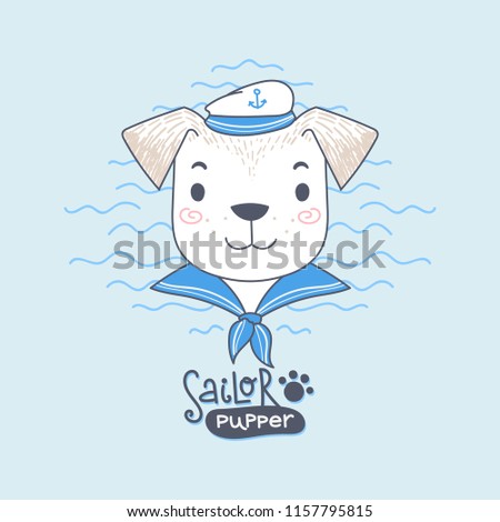 A puppy wearing a sailor uniform with an anchor on his hat. Sailor pupper vector hand drawn illustration. Print, invitation, baby shower, avatar, postcard, poster, greeting design.