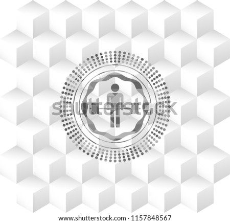 deadlift icon inside grey emblem with geometric cube white background