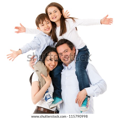 Happy family celebrating with arms up - isolated over white