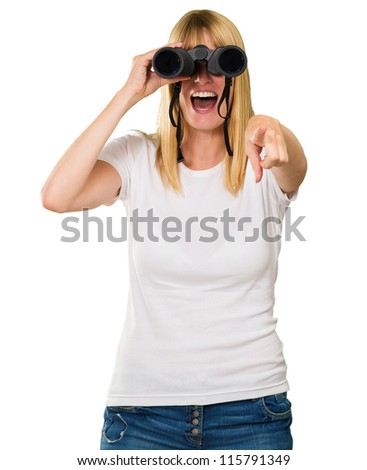 woman looking through binoculars and pointing against a white background