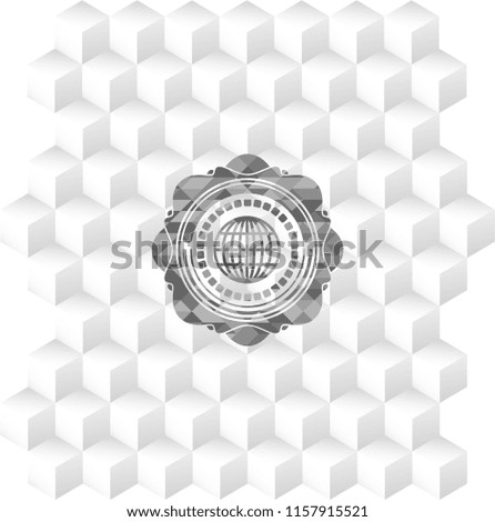 globe, website icon inside grey icon or emblem with geometric cube white background