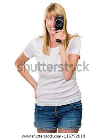 Happy Woman Looking Through Camera On White Background