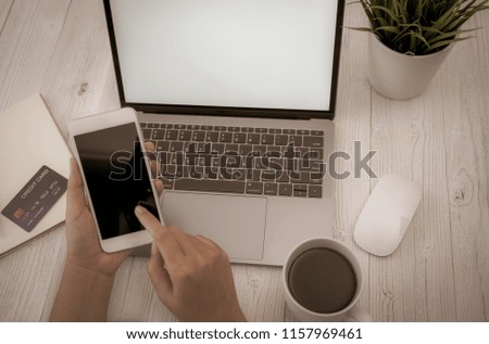 Computer laptop business work using at office on white wood desk. Communication digital design 