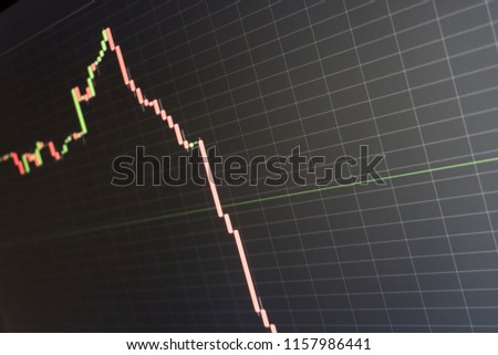 A stock market candlestick chart showing a sharply declining and crashing price going deep into the red Royalty-Free Stock Photo #1157986441