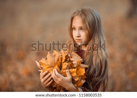 Little girl in autumn forest with yellow leaves